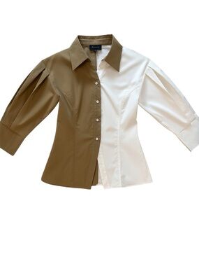 Gracia Colorblock Asymmetric Pleated Puff Sleeve Button Up Khaki White M. NWOT